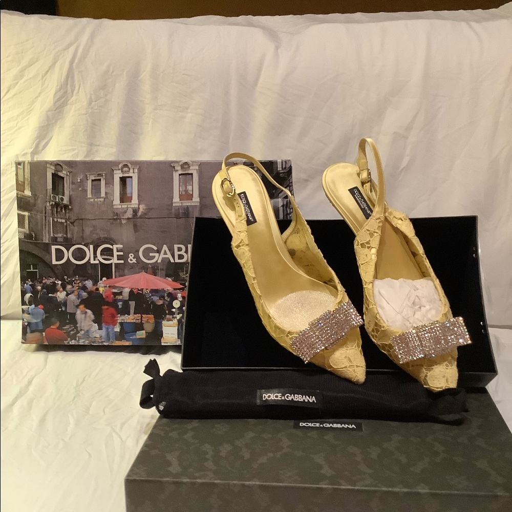 Crystal embellished lace sling back pumps